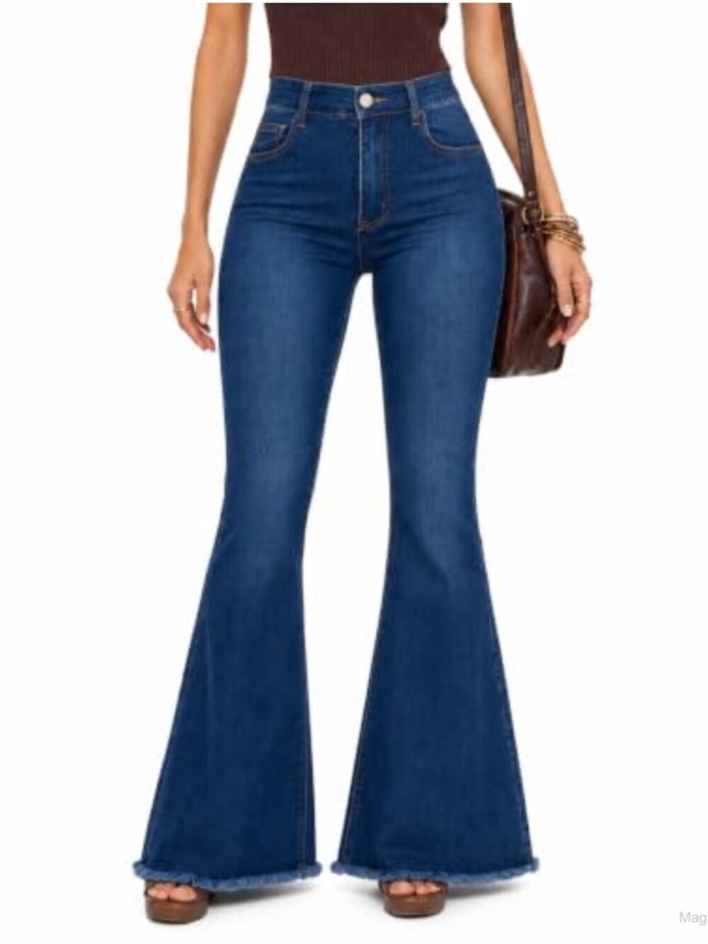 High Waisted Bell Bottom Jeans Stretch Frayed Hem